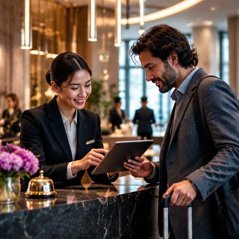 Hospitality staff member supporting a guest