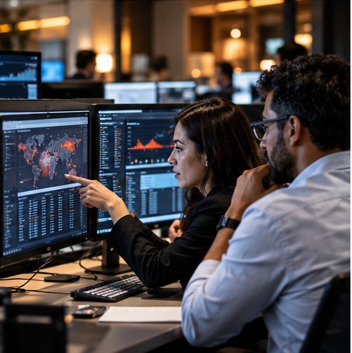 Analysts reviewing operational dashboards on computer screens
