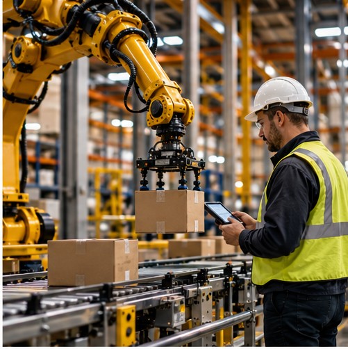 Industrial robot and engineer reviewing warehouse automation operations