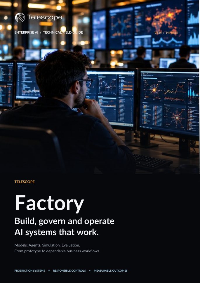 Telescope Factory Field Guide cover showing an enterprise AI operations control room