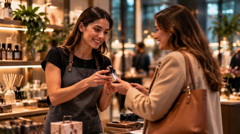 Retail consultant listening to a customer and helping with a product in a warm store