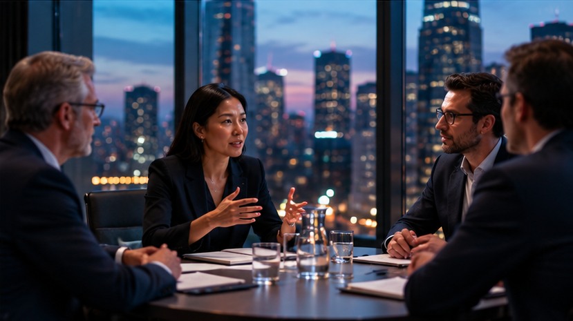 Leadership team reviewing strategic trade-offs together in a city boardroom