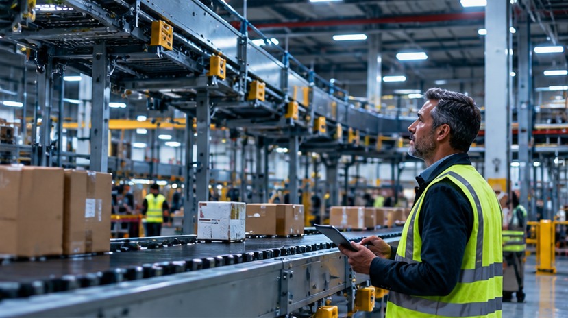 Warehouse operations lead reviewing conveyor flow and parcels on the warehouse floor